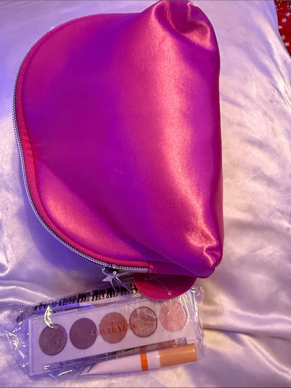 Pink Satin Cosmetic Pouch - Women Bag with cosmetics